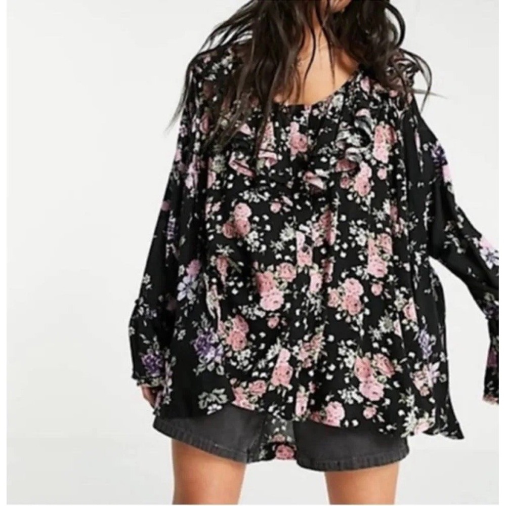 Free People Womens Loretta Printed Tunic Size Large Black Oversized Relaxed Boho